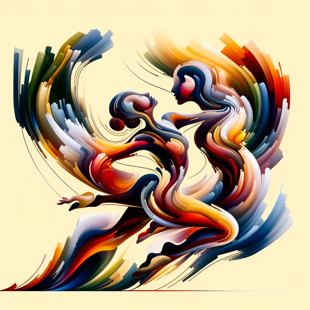An abstract representation of a modern dance performance, showcasing fluid movements and vibrant colors. The image should capture the grace and dynami