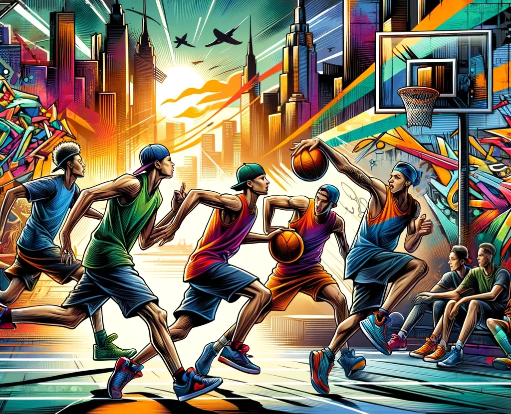 A lively depiction of a street basketball game, capturing the energy and athleticism of the players. The artwork should show players in mid-action
