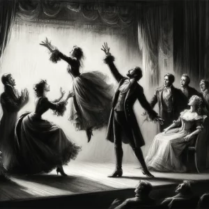 An elegant charcoal drawing of a theater scene, capturing the dramatic moment on stage with actors in mid-performance. The drawing should highlight
