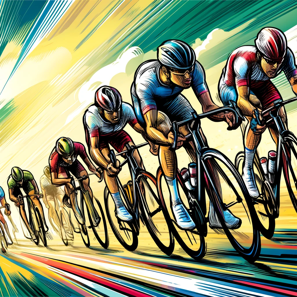 A spirited illustration of a cycling race, capturing the speed and excitement of the competition. The image should showcase cyclists in intense motion